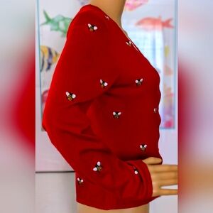 Embroidered Bee Red Cardigan Sweater Small